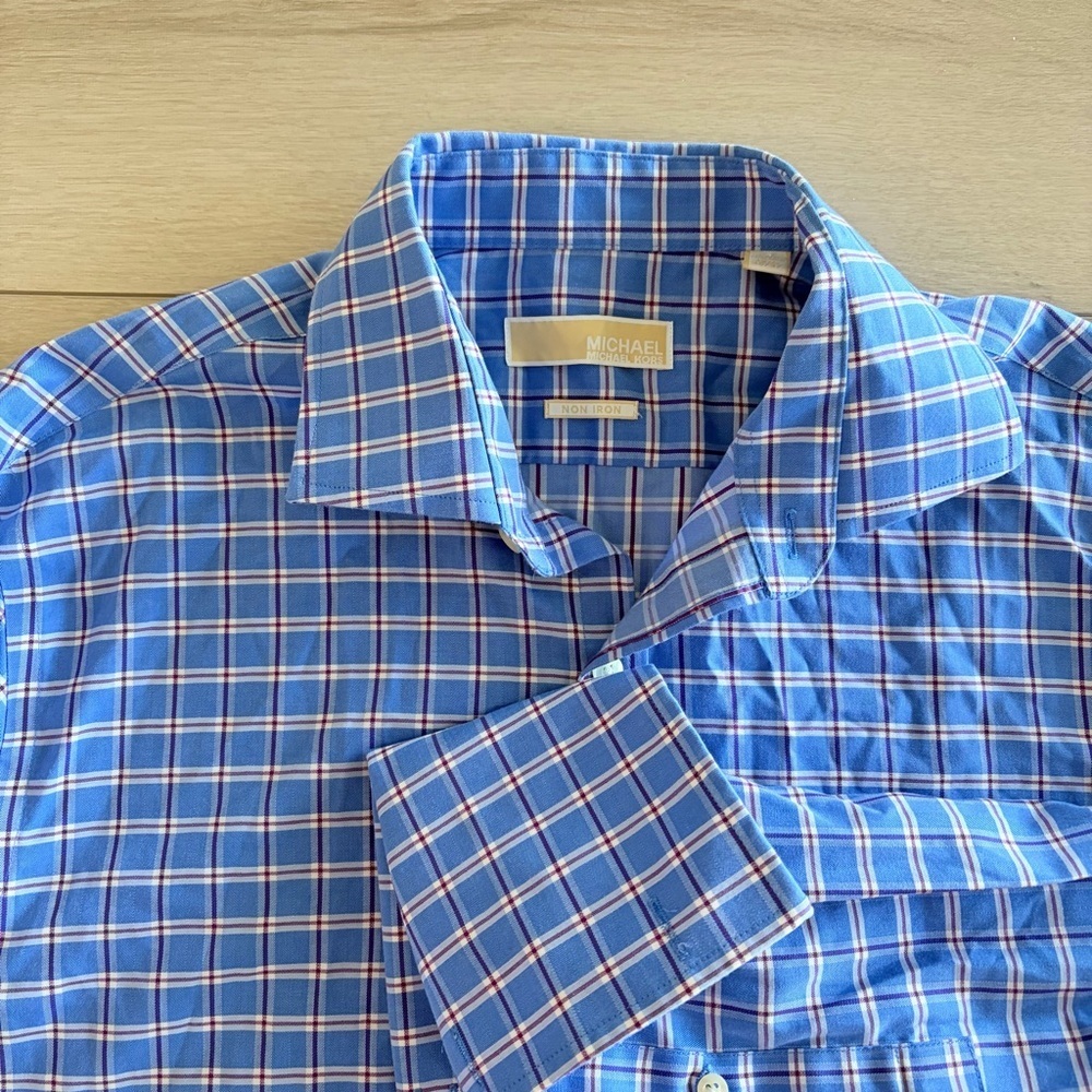 Michael Kors Blue Plaid  Button Down Non Iron Shirt 16 1/2 36/37 French Cuff Sle - Picture 3 of 7